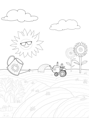 Sunny Farm with Colorful Crops and Smiling Sun
