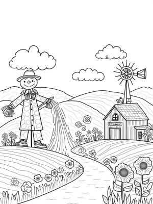 Patchwork Farm Landscape with Watering Can and Scarecrow