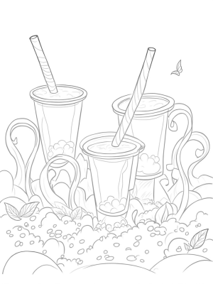 Floating Boba Tea Cups Over a Tapioca Pearl Meadow