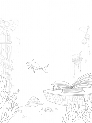 Underwater Library with Coral Bookshelves and a Shark