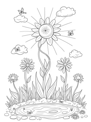 Giant Daisy Sun with Whimsical Flowers and Butterflies