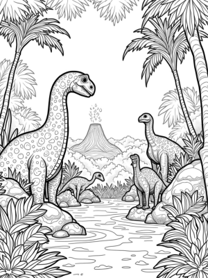 Brontosaurus and Velociraptors in a Prehistoric Jungle