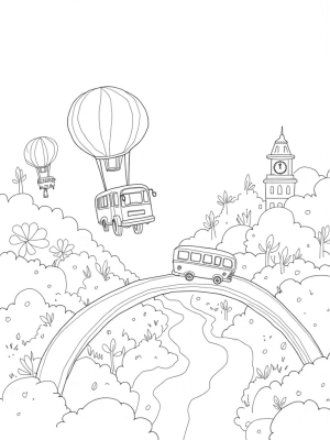 Floating Buses in a Colorful Cityscape