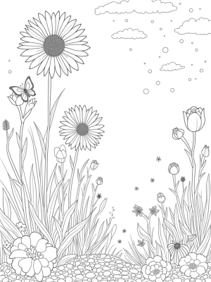 Whimsical Garden with Towering Flowers and a Giant Daisy