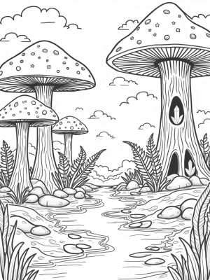 Enchanting Forest Clearing with Giant Mushrooms and a River