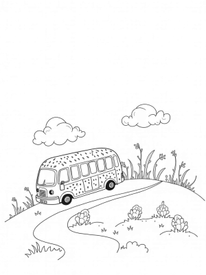 Fruit-Shaped Bus on a Colorful Hilltop