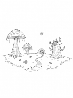 Oversized Mushrooms and a Grumpy Tree in a Forest Clearing