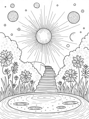 Cosmic Garden with Floating Planets and Sunburst