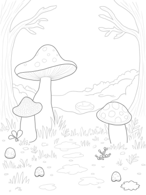 Forest Clearing with Animal-Shaped Mushrooms and a Serene Pond