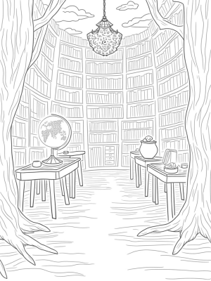 Magical Library with Floating Spell Books and a Bubbling Cauldron