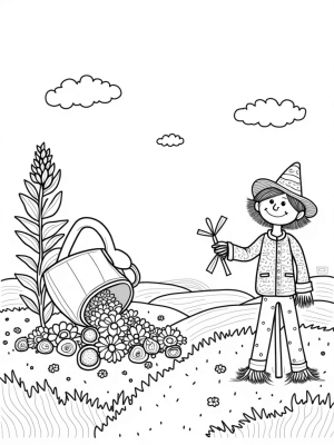 Giant Watering Can and Cheerful Scarecrow on the Farm