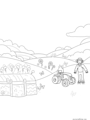 Giant Vegetables and a Smiling Scarecrow in a Farm Landscape