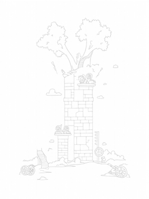 Intricate City Wall with Gears and Giant Trees