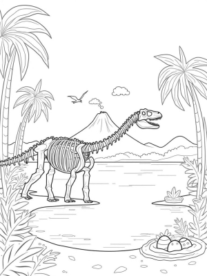 Colossal Dinosaur Skeleton in a Prehistoric Jungle