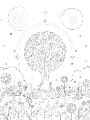 Cosmic Garden with a Circle Tree and Whimsical Flowers