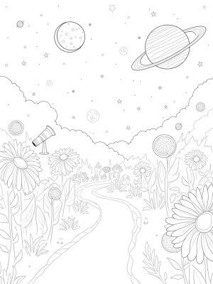 Cosmic Garden with Celestial Flowers and a Spiral Galaxy