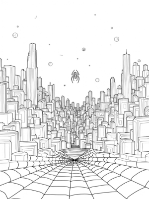 Moonlit Cityscape with Spiderwebs and Superhero Symbols