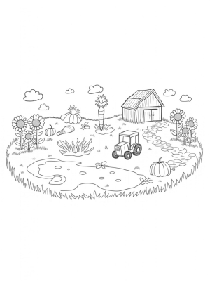 Giant Carrot and Sunflowers in a Farm Landscape