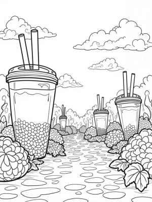 Boba Tea Garden with Towering Cups and Tapioca Pathways
