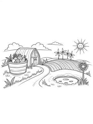 Colorful Farm Landscape with a Giant Fruit Basket Barn