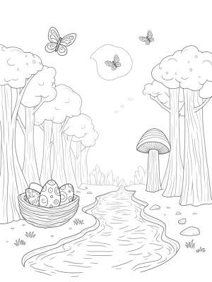 Mushroom Trees and a Bear Moon in a Colorful Forest