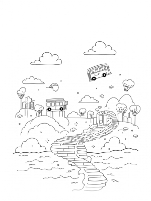 Floating Buses in a Whimsical Cityscape