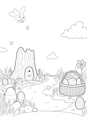 Oversized Eggs and a Bunny Burrow in a Garden