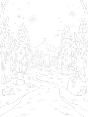 Frozen Forest with Ice Crystal Trees and a Snowflake Palace