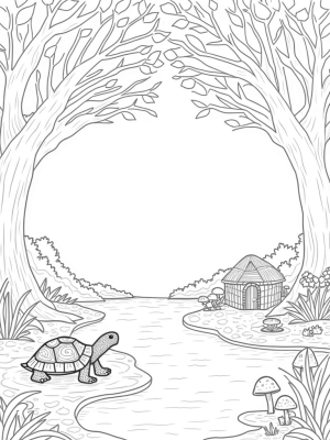 Forest Canopy with Colorful Parrots and a Giant Tortoise