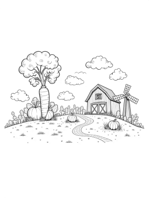 Giant Carrot and Tomato in a Whimsical Farm Landscape