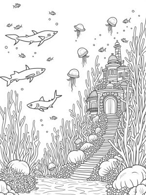 Underwater City with Sharks and Jellyfish