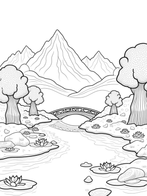Serene Mountain Reflection with Whimsical Bridge