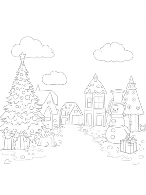 Holiday Village with Gingerbread Houses and Snowman