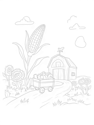 Giant Corn Stalk and Cartoon Veggies on the Farm