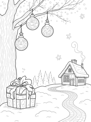 Holiday Village Under a Snowy Tree