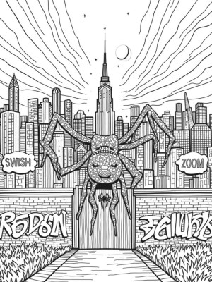 Urban Twilight Skyline with Giant Spider and Graffiti
