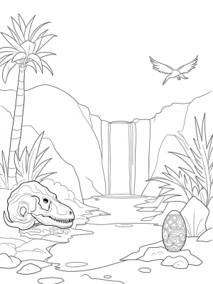 Prehistoric Jungle with Dinosaur Skull and Pterosaurs