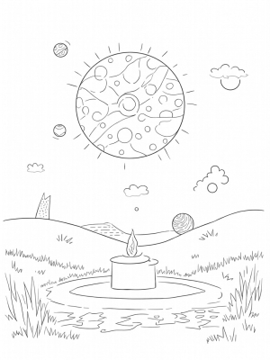 Celestial Garden with Planets and Sunburst