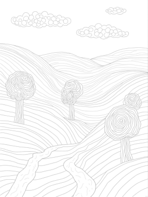 Dreamlike Landscape with Rolling Hills and Abstract Trees