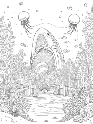 Underwater City with Shark Building and Colorful Fish