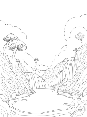 Dreamy Valley with Spiraling Mushrooms and Waterfall