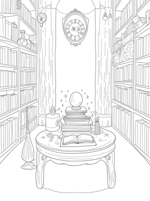 Magical Wizarding Library with Spellbooks and Potions