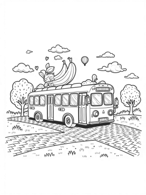 Flower-Shaped Bus in a Colorful Cityscape