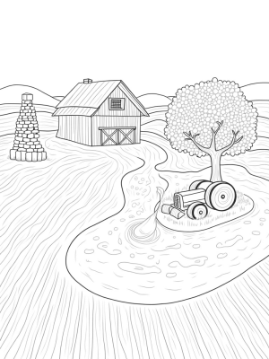 Vibrant Farm Fields with Barn and Tractor