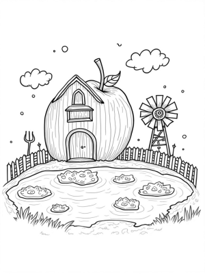 Apple-Shaped Barn with Colorful Windmill and Carrots