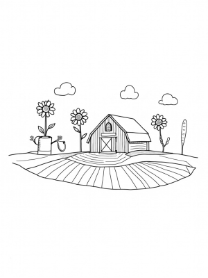 Patchwork Farm with a Whimsical Barn and Rainbow Watering Can