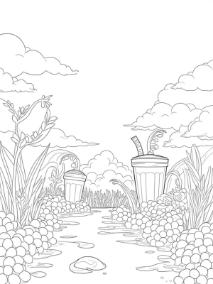 Boba Tea Garden with Giant Cups and Mint Trees