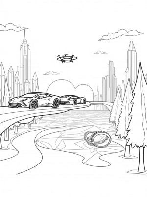 Futuristic Cityscape with Lamborghini Cars and Drones
