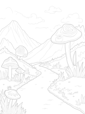 Serene Valley with Spiraling Flowers and Towering Mushrooms