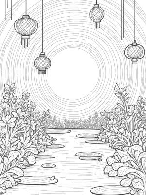Vibrant Circular Garden with Lanterns and Lily Pads